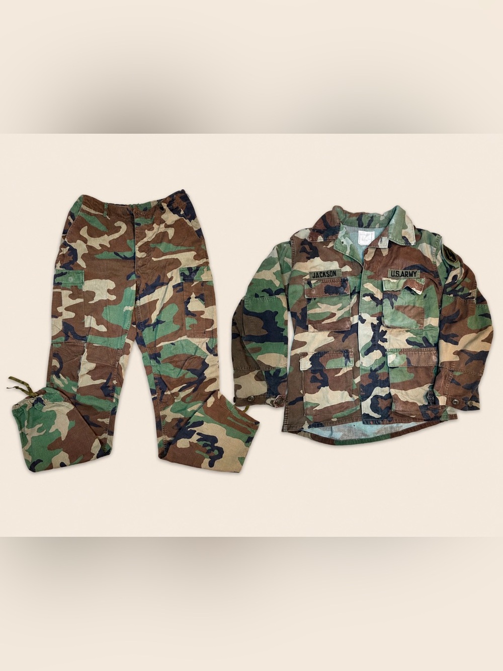 VTG US Army Woodland Camouflage BDU Uniform Set Combat Jacket Cargo Pants Named